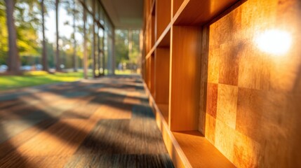 Obraz premium Sunlight filters through trees, casting shadows on a wooden shelf in a library. The scene shows a peaceful outdoor space in the daylight.