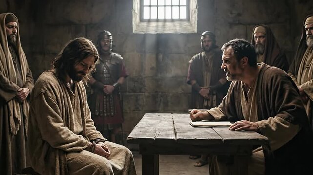 Jesus Christ Sitting at Wooden Table Facing Roman Governor Pontius Pilate or High Priest Caiaphas during Trial before Crucifixion Depicting Passion of Christ in Biblical New Testament History Scene