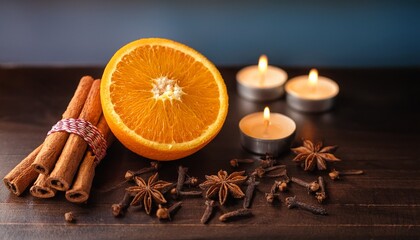 Warm Orange With Cloves And Cinnamon Sticks Illuminated By Soft Candlelight