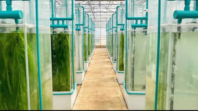 Rows of vertical glass photobioreactors filled with green algae and aquatic plants in a bright laboratory greenhouse setting