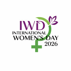 Obraz premium IWD 2026 Logo with Green Female Symbol and Purple Flower for International Women's Day Celebration