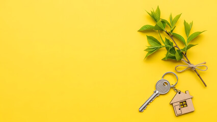 a house key with a house shaped keychain and a green plant on a yellow background for real estate or home ownership concept high quality professional
