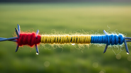 Vibrant yarn wrapped around barbed wire in green field