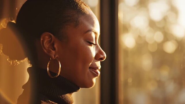 woman gazing out window in golden light