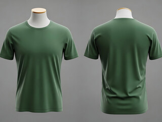 Front and back view of green t-shirt on mannequin