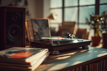 Vintage turntable playing a vinyl record on a wooden desk with warm ambient light. Classic analog music equipment creating a nostalgic and cozy atmosphere, clean indoor photography, no people.
