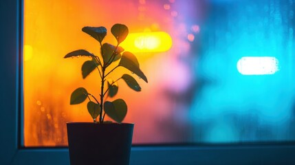 A small green plant is on a windowsill. Colorful city lights shine through raindrop-covered glass at night.