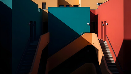 Vibrant colorful buildings with staircases and walls in a modern architectural setting with shadows and light high quality professional detailed elegant stylish clean crisp vibrant digital