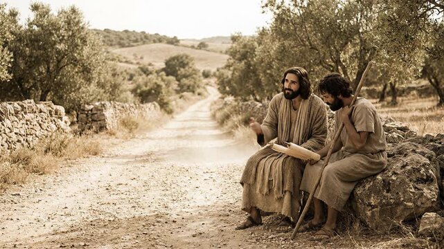 Biblical Scene of Jesus Christ Sitting on Rock Teaching Disciple with Walking Stick on Rural Dirt Road Depicting Road to Emmaus Story in New Testament