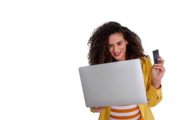 Woman shopping online with laptop and payment card, performing e-commerce transactions on transparent background