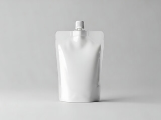 White pouch packaging with spout on gray background