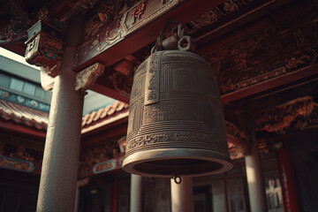 Fototapeta premium Large traditional bell hanging inside an Asian temple with ornate wooden architecture. Sacred religious object with detailed craftsmanship and warm ambient light, clean interior photography, no people