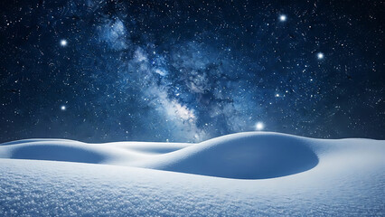 Snowy landscape under starry night sky with milky way