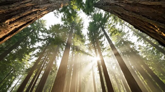 Tall trees in forest with sunlight