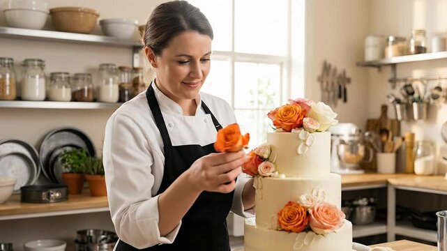 Professional Female Pastry Chef Wearing Black Apron Decorating Large White Wedding Cake with Orange Roses in Bright Commercial Kitchen Depicting Culinary Arts

