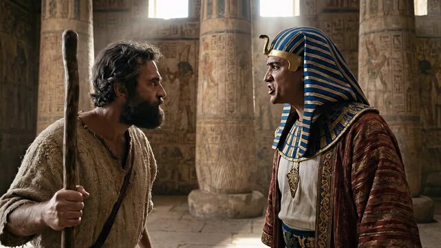 Prophet Moses Holding Wooden Staff Confronting Angry Egyptian Pharaoh King inside Ancient Palace Temple Depicting Let My People Go Exodus Biblical Story of Deliverance in Old Testament