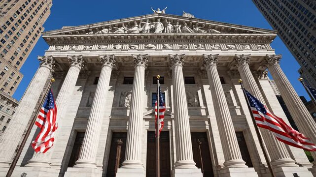 Classical building with columns and flags