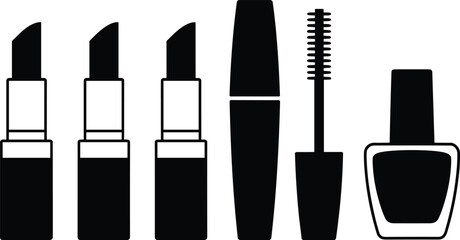 Obraz premium Cosmetic makeup silhouettes set featuring lipsticks, mascara brush, and nail polish bottles isolated on white background for beauty, fashion, and cosmetic design use