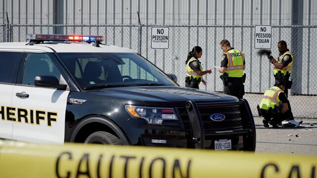 Police officers at crime scene with sheriff vehicle