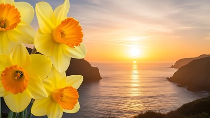 Yellow daffodils with orange centers at sunset over the ocean with cliffs flowers