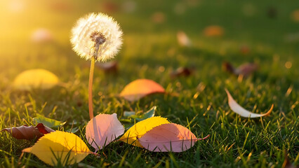 Dandelion seed head standing alone in a field of green grass with fallen leaves