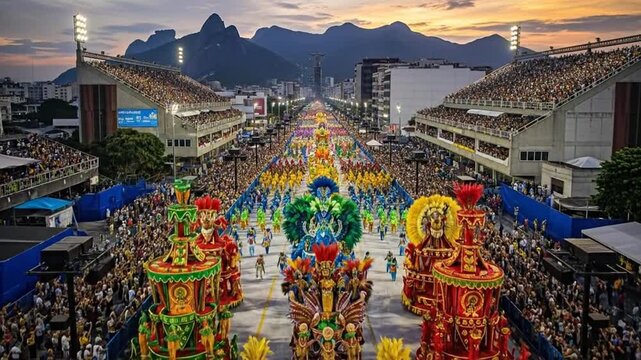Spectacular Rio Carnival Parade with Elaborate Floats and Crowds.