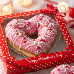 Pink heart-shaped donut with white drizzle and sprinkles in a red Valentine's Day box with white polka dots
