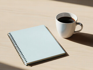A cup of coffee and a notebook on a wooden table
