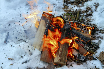 Close-up of a campfire burning wood on snow-covered ground in a winter forest. Outdoor survival, camping, warmth, and nature adventure. Bright orange flames, winter season detail.