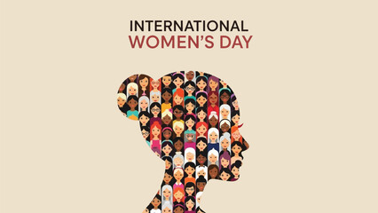 International women's day poster with diverse crowd in a woman's silhouette on beige background