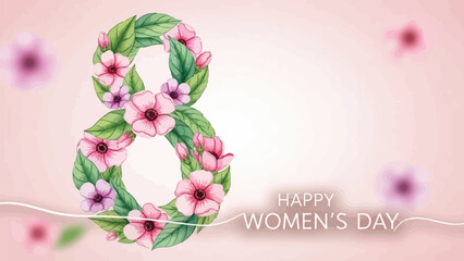 Happy women's day floral wreath design with pink flowers and green leaves on soft pink background