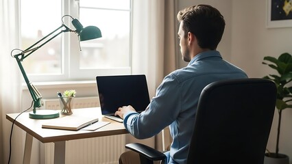 A person works on a laptop computer at a wooden desk near a window with a desk lamp notepad and potted plant indoors during the daytime