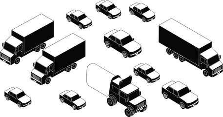 Isometric transport vehicle set with delivery trucks cargo lorries and passenger cars, urban logistics and traffic illustrations isolated on white background