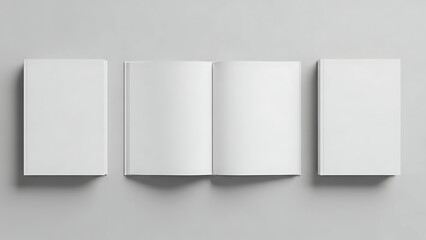 Mockup of a brochure or catalog with blank white pages on a gray background