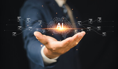 Businessman using ai technology for data analytics, Artificial Intelligence generate. Futuristic technology, robot in online system. Business in future to invest and develop corporate concept.