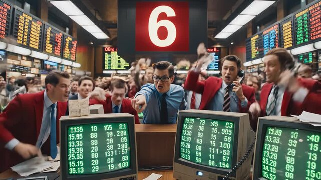 Stock traders celebrating in busy trading floor