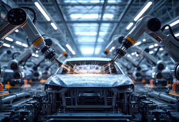 Fototapeta premium Multiple robotic arms are actively working on car bodies moving along the assembly line