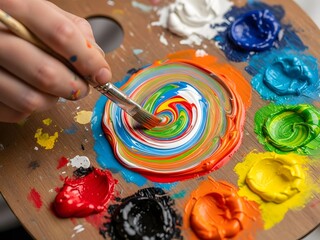 Hand mixing vibrant colors on a palette with a paintbrush creating a swirly pattern