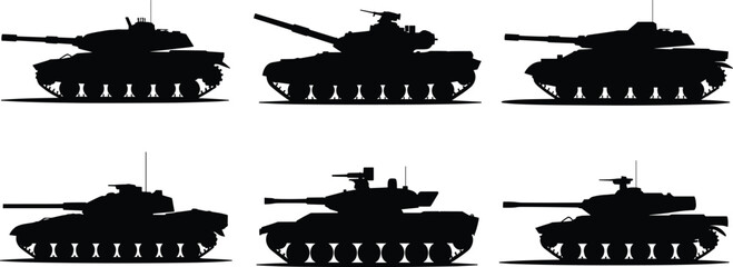 Modern battle tank silhouettes collection showing different armored military vehicles side views, heavy combat machines isolated on white background for defense, warfare, and security design © Kseniia Dizdar