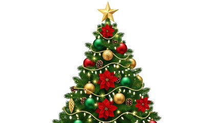 Decorated christmas tree with ornaments isolated on white background