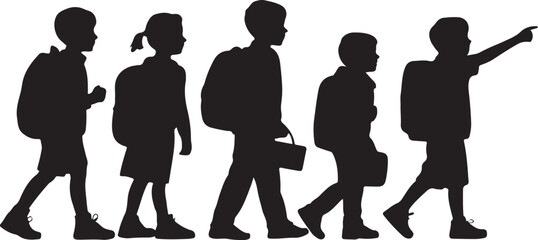 Five children walking with backpacks and school silhouettes