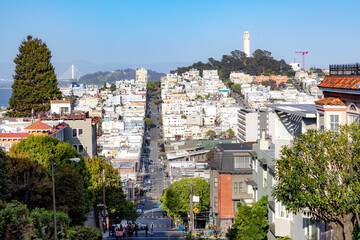 hilly skyline of San Francisco with coit tower, USA