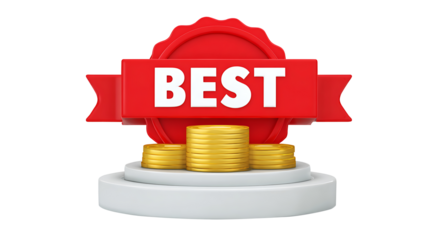 Red ribbon award with BEST Text and gold coins on podium isolated on a transparent background