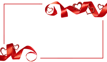 Red silk twisted ribbon and glitter hearts in corner arrangements with red frame isolated on white or transparent background. Card for Valentine’s Day.