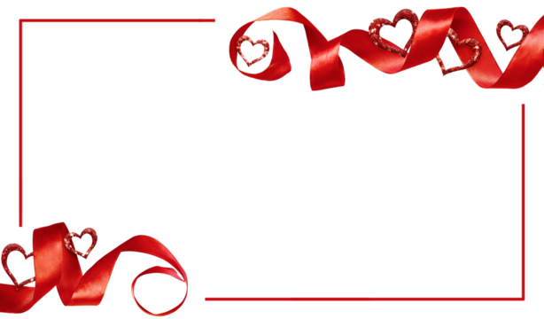 Red silk twisted ribbon and glitter hearts in corner arrangements with red frame isolated on white or transparent background. Card for Valentine’s Day. - Powered by Adobe