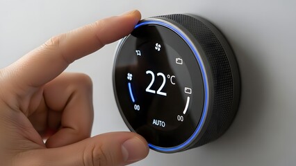 A hand adjusting a modern digital thermostat on a wall, displaying temperature settings and controls.