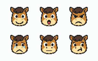 Fototapeta premium Six pixel art horse head icons featuring various facial expressions like happy, angry, sad, and surprised. Retro 8-bit style animal game assets.