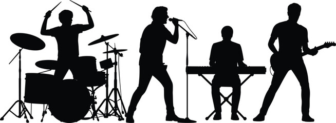Rock music band silhouettes performing live on stage with singer drummer guitarist and keyboardist, isolated black figures for concert, festival, entertainment design concepts
