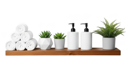 Modern bathroom essentials on wooden shelf