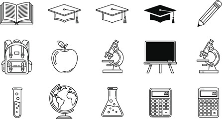 Education and school outline icons vector set with books graduation caps backpack science tools and classroom symbols